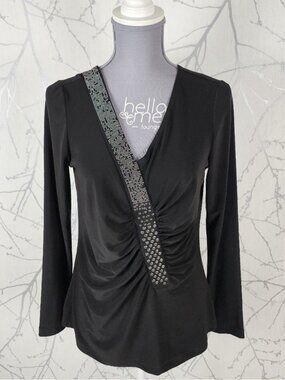 Adam Jacobs Slinky Stretch Jersey Knit Studded Ruched V-Neck Top